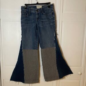 The Morgan Factory Upcycled Blue Bell-Bottom Jeans with Striped Panels Sz 2